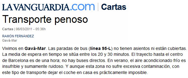 Carta d'un ve de Gav Mar publicada al diari 'La Vanguardia' queixant-se del transport pblic a Gav Mar (6 de Mar de 2011)